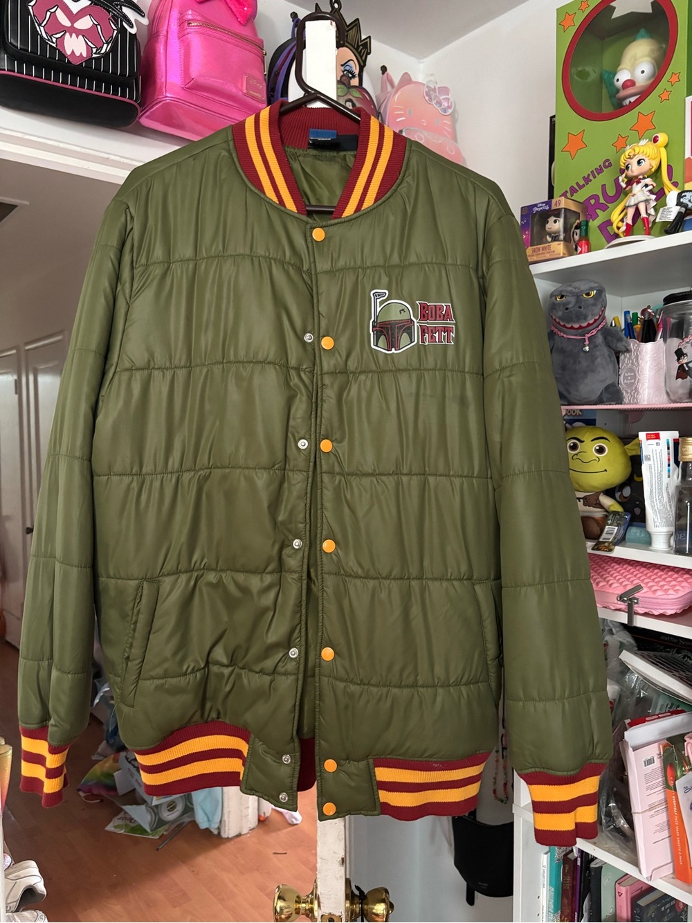 Boba Fett Olive Quilted Bomber Jacket with Maroon & Gold Trim